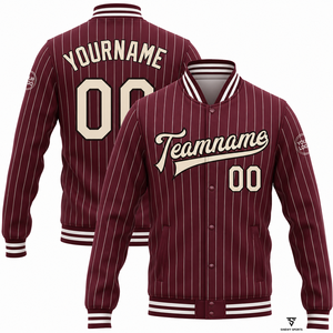 Custom Pinstripe Varsity <b>Jacket</b> <b>Men</b> Maroon <b>White</b> Stripes Team Name Number Logo Print Preppy Style Autumn Sportswear - Product Image 1