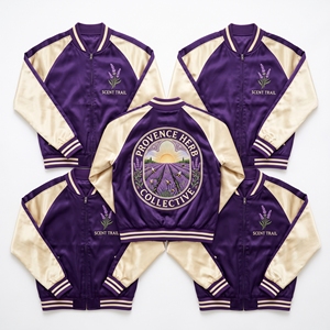 Fournisseur en gros Veste bomber de baseball en satin souvenirs, broderie aux motifs herbes de Provence lavande et champignon violet - Product Image 1