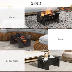 Tavolino da Caffè 3 in 1 con Braciere a Legna Nero, Montaggio Rapido e Borsa per il Trasporto, per Uso Esterno e Installazione Termica - Product Image 4