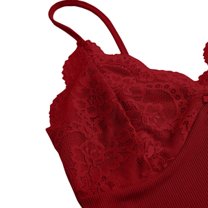 Camiseta sin mangas de encaje acanalado para mujer, cuello en V, elástica, ajustada, suave, transpirable, informal, para verano, color rojo vino - Product Image 4