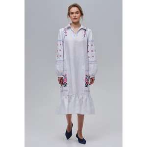 Vestido Midi de Lino Blanco Bordado para Mujer al por Mayor, Kurti Étnico con Cinturón y Dobladillo con Volantes, Cintura Natural Ecológica - Product Image 2