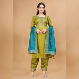 Nouveau Salwar Kameez de créateur, prêt-à-porter, avec broderie fantaisie et sequins, en soie Vichitra, pour soirée, séchage rapide - Product Image 1