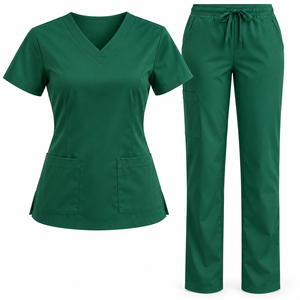 Moss Green <b>Womens</b> Medical Scrub Set V Neck <b>Short</b> Sleeve Pocket Top Drawstring Straight Leg <b>Trousers</b> Nursing Uniform Clinic Wear - Product Image 5