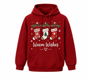 Sweat-shirt unisexe en coton tricoté rouge avec impression numérique « Vœux Chaleureux de Noël », décontracté pour l'hiver, avec poche avant - Product Image 1
