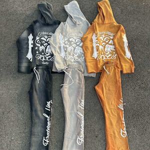 Customized Color & Printing Streetwear Tracksuit Custom Logo Acid Wash Zip-up Hoodie & Flared Trouser <b>Set</b> Sweat Suit for Men - Product Image 4