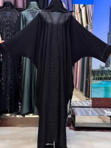 2026 New Black Long Sleeve Floor Length V Neck <b>Flared</b> Hem Abaya Women's Modest Dress Middle East Style Solid Polyester <b>Sequined</b> - Product Image 3
