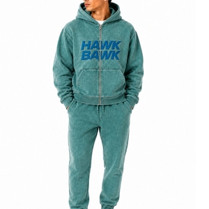 Conjunto Deportivo con Capucha Color Verde Azulado para Hombre, Conjunto Informal para Correr, Algodón Lavado, Cierre de Cremallera Frontal, Estampado de Letras, para Actividades al Aire Libre - Product Image 1