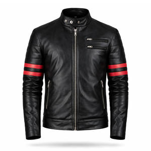 Chaqueta de Motociclista de Cuero Genuino con Diseño de Rayas Rojas, Corte Ajustado, Bolsillos con Botones, Estilo Bomber, Cuero de Grano Completo - Product Image 1