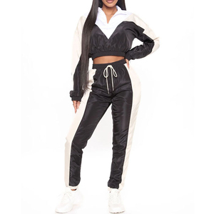 Ensemble de sport en satin color block pour femme, haut court à col rabattu et manches longues, coupe régulière, style sportif, deux pièces, printemps-été - Product Image 6