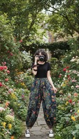 Pantalon Harem Femme d'Été en Coton Imprimé Dentelle, Taille Haute, Entrejambe Bas, Style Hip Hop, Taille Élastique, Décontracté, Léger et Respirant