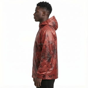 Men's <b>Hooded</b> PU Windbreaker <b>Jacket</b> <b>Red</b> Tie-Dye Print Waterproof Casual Outerwear Winter Wear - Product Image 3