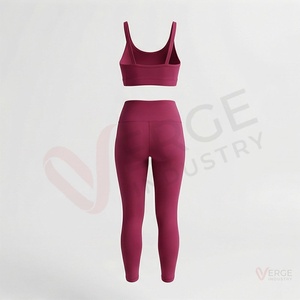 <b>Women</b> Seamless Yoga Set 2 Piece High Waist Leggings and Scoop Neck Tank <b>Top</b> <b>Burgundy</b> - Product Image 2