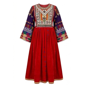Women's Red Velvet Kurta Midi <b>Dress</b> With Embroidered Sleeves Traditional Ethnic Style Wedding Wear Loose Fit Afghan Kuchi <b>Dress</b> - Product Image 4