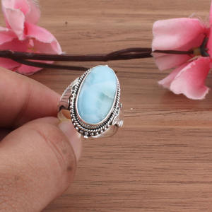 Natural Blue Larimar Ring 925 Sterling Silver Sea <b>Wave</b> Pattern Gemstone Ring for Women Caribbean Blue Stone Statement <b>Jewelry</b> - Product Image 1