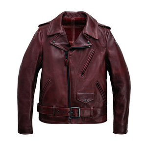 <b>Men</b> Genuine <b>Leather</b> Moto <b>Jacket</b> With Belt Turn-down Collar Zipper Closure Autumn Solid Color Regular Fit - Product Image 2