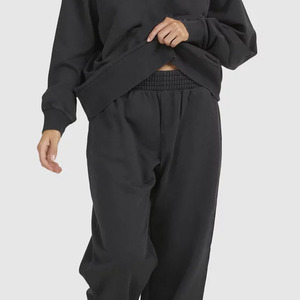 Conjunto Deportivo de Sudadera y Pantalones Extra Grandes para Mujer, Color Negro, Cuello Redondo, Manga Larga, Corte Holgado, Color Sólido, Ropa Casual de Otoño con Si - Product Image 5