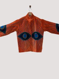 Elegant Artwear Orange <b>Velvet</b> Embroidered <b>Jacket</b> With Evil Eye Pattern Stand Collar Full Sleeve Handmade Soft <b>Women</b> Coat - Product Image 5