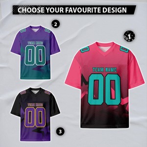 เสื้อฟุตบอลแบบกำหนดเอง สีชมพูนีออน น้ำเงิน-ดำ ดีไซน์ส่วนตัว พร้อมชื่อ หมายเลข โลโก้ทีม สำหรับผู้ชาย ผู้หญิง ชุดยูนิฟอร์ม โพลีเอสเตอร์ 100% - Product Image 2