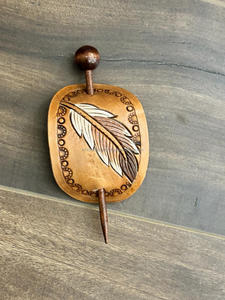New Styling Leaf Design Real Handcrafted Tooled Leather <b>Hair</b> Barrettes Oval Shape <b>Hair</b> <b>Slides</b> with Turned Wooden <b>Hair</b> Sticks - Product Image 2