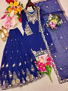 Elegante Conjunto Tradicional de Tres Piezas de Kurti de Georgette de Secado Rápido con Pañuelo Sarara Completamente Cosido para Fiesta o Boda - Product Image 5
