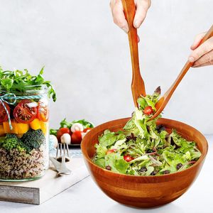 ชุดชามอะคาเซียแท้พร้อมช้อนส้อม ชุดชามผสมสลัดแบบใช้ซ้ำได้ อุปกรณ์สำหรับโรงแรมร้านอาหาร ชามใส่อาหาร ภาชนะบนโต๊ะอาหาร - Product Image 3