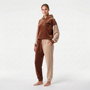 Ensemble de survêtement décontracté en velours pour femme, avec sweat à capuche et pantalon, blocs de couleur, manches longues, poignets côtelés, poches, coupe ample, deux pièces - Product Image 2