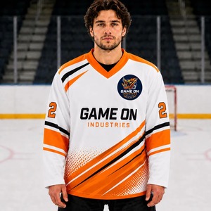 Maillot de jeu personnalisé à col en V et manches longues, en tissu maille 100 % polyester respirant, imprimé par transfert thermique, pour équipe, avec double épaulette - Product Image 1