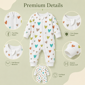 Mameluco de algodón de manga larga para bebé |   Ropa de Dormir para Bebés Recién Nacidos con Cierre de Dos Vías, Protector de Barbilla, Puños Elásticos Transpirables y Estampado de Corazones, Color Blanco - Product Image 3