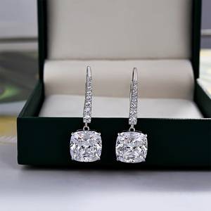 925 Silver Cushion Cut <b>Crystal</b> Drop <b>Earrings</b> Bezel Setting Classic Women's Wedding Jewelry - Product Image 3