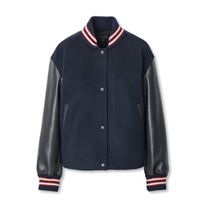 Veste universitaire pour femme bleu marine avec manches en cuir et bordure contrastante, col montant, manches longues, pour l'automne - Product Image 5