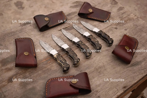 มีดพับเหล็กดามัสกัสคมตรง EDC ทำมือ ด้ามเขาแกะ OEM ขายดี ปรับแต่งได้ พร้อมซอง - Product Image 4