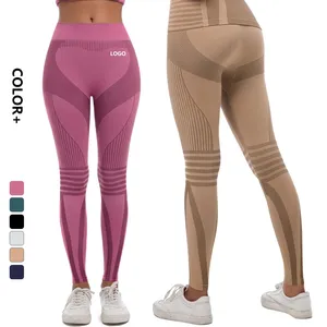 Leggings de yoga taille haute sans couture pour femme, avec empiècements color block et maille côtelée, effet ventre plat, longueur intégrale, pantalon de sport - Product Image 1