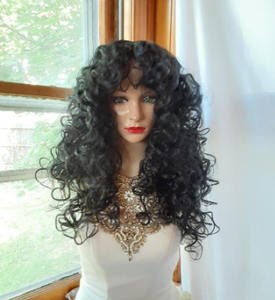Peluca Sintética Negra Natural con Ondas Profundas y Rizadas, con Flequillo, sin Pegamento, de Alta Densidad, Resistente al Calor - Product Image 3