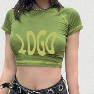 Summer Skinny Fit Short Sleeve Crop <b>Top</b> Solid Pattern Visible Stitching Knitted Fabric Anti-Pilling 92% Cotton 8% Spandex - Product Image 2