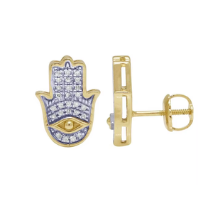 Boucles d'oreilles en or jaune 10 carats avec diamants et motif main de Hamsa, fermeture à vis |   Clous de protection contre le mauvais œil en diamant rond |   Bijoux fins pour femmes et filles - Product Image 2