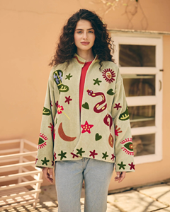 Chaqueta de Mujer para Otoño, Color Verde Claro, Cuello Mandarín, Acolchada, 100% Algodón Ecológico, Bordado Floral, Manga Larga, para Vacaciones - Product Image 4