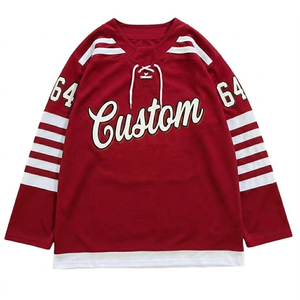 Maillot de hockey sur glace personnalisé par le fabricant, blanc et rouge, à lacets, manches longues, uniforme de hockey brodé, vêtements d'équipe respirants et à séchage rapide - Product Image 1