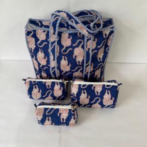 กระเป๋าโท้ทผ้าฝ้ายพิมพ์ลายเสือสีน้ำเงินแบบนุ่มกันน้ำพับได้ พร้อมชุดกระเป๋าเครื่องสำอางสำหรับผู้หญิง กระเป๋าสะพายเดินทางแบบคอมโบ - Product Image 2