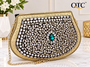 Handcrafted Metallic Kundan Embroidered Mini Flap Closure Crossbody <b>Clutch</b> Purse with Chain Strap for Wedding Party Women - Product Image 2