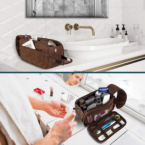 Handmade <b>leather</b> toiletry bag with storage compartments for cosmetics shaving accessories and travel convenience in low price - Product Image 2