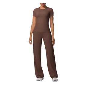 Wholesale Solid Color Breathable Lightweight Four-Way Stretch Sportswear Custom Logo <b>Short</b> Sleeves 2-Piece <b>Gym</b> Set <b>Women</b> - Product Image 5