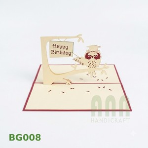 ANN HANDICRAFT BG008 Invitation d'anniversaire 3D pop-up Hibou, fabriquée au Vietnam à Hanoï, carte de vœux personnalisée imprimée en 4 couleurs avec découpe. - Product Image 1