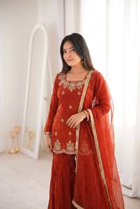 Traje Sharara Palazzo de Seda Fendy para Mujer, Bordado con Lentejuelas y Trabajo Zarkan, Dupatta, Ropa de Fiesta, Traje Étnico para Boda - Product Image 3