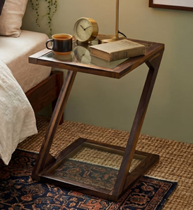 Modern Wood Nightstand With Glass Top And <b>Shelf</b> Midcentury Design Bedroom Furniture - Product Image 1