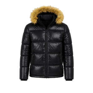 Unisex Black Hooded Puffer Jacket <b>Fur</b> <b>Trim</b> Windproof Zipper Closure Casual Winter Outerwear Coated Stand Polyester Fiber Filling - Product Image 6