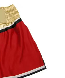 Shorts MMA pour hommes en satin bicolore, taille élastique, 100% coton, rouge, or, noir, blanc, avec bordure - Product Image 6