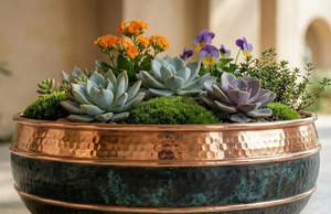 Handmade Rustic Metal Tabletop <b>Vase</b> Round Copper Finish With Succulents And Flowers Decorative Floral Display rough-forged metal - Product Image 5