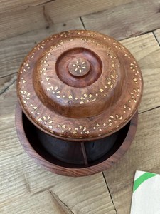 Hand Turned Wooden Spice <b>Box</b> with Brass Inlays | Masala Dabba Kitchen <b>Storage</b> Organiser - Product Image 2