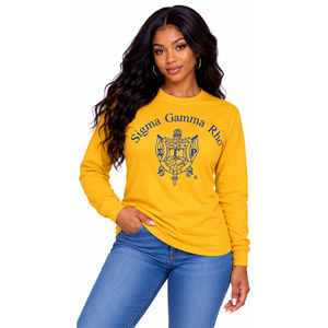 Camisa de Manga Larga Dorada Sigma Gamma Rho con Estampado Gráfico del Escudo Azul 1922, Cuello Redondo, Prenda de la Hermandad Griega, Top Clásico Informal - Product Image 1