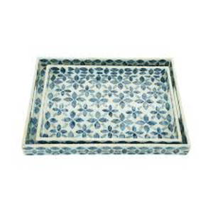 Plateau de service artisanal en nacre, motif floral bleu et blanc, rectangulaire, avec incrustation de nacre, pour la maison, la cuisine et l'hôtellerie - Product Image 1